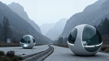 Futuristic Spherical Vehicles on Mountain Road
