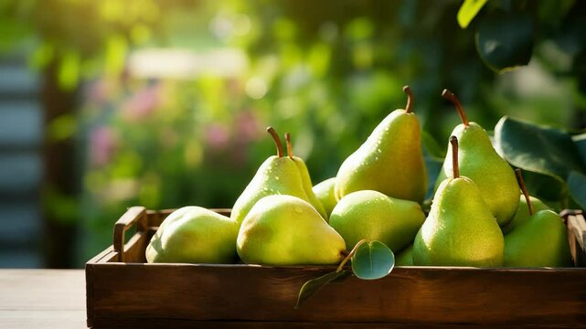 Sunlit pears in wooden crate on rustic table with leafy background