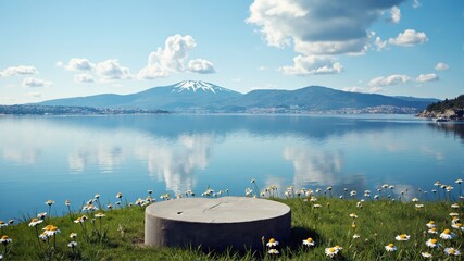 Serene Lake View with Snow-Capped Mountain and Daisy Field