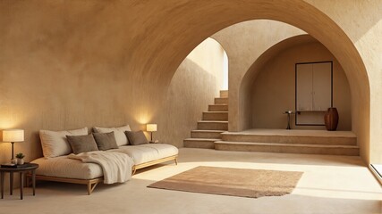 Modern Desert-Style Living Room with Arched Architecture and Natural Light