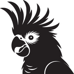 A striking black and white graphic illustration of a cockatoo with its crest raised and detailed eye