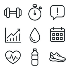 Fototapeta premium Fitness Motivation Icons. Outline icon set of fitness motivation: dumbbell, stopwatch, motivational