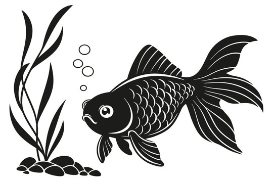 black goldfish swimming underwater with bubbles clip art preview