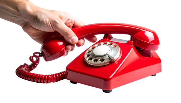 Answering an old fashioned red telephone handset.old-fashioned, red, single object, connection, customer, cut out, discussion, horizontal, no people, number, photography, service,