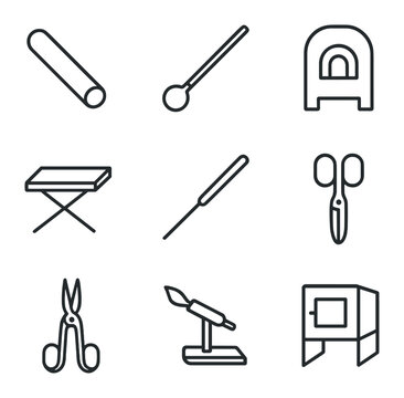 Glassblowing Tools Icons. Outline icon set of glassblowing elements: glass tube, blowpipe, furnace, marver table, punt tool,