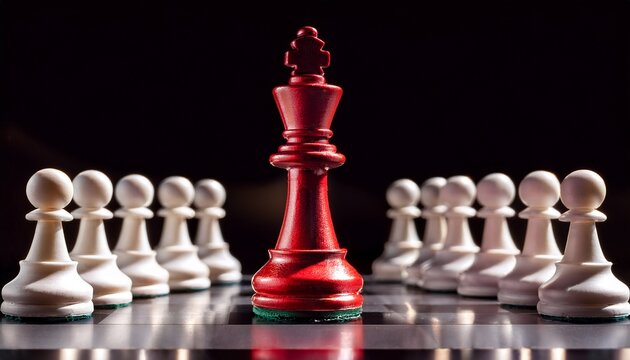 a vibrant red chess queen dominates a shiny chessboard encircled by faceless white pawns the strong shadows highlight themes of leadership and competition