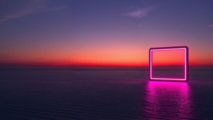 Neon Square Frame at Sunset Over Water
