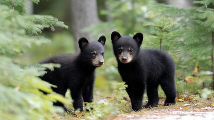 Curious black bear cubs in the woods