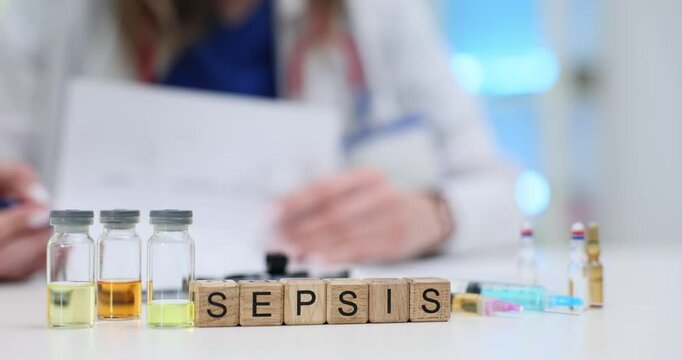 Word Sepsis on wooden cubes with vials against doctor in hospital. Woman physician emphasizes urgency and importance of timely intervention to patient - Powered by Adobe