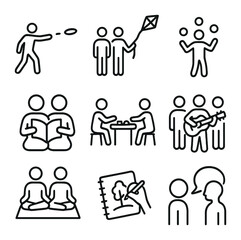 Group Activity Icons. Outline icon set of group activities: frisbee throw, kite flying, juggling balls, book reading, board game,