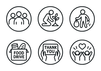 Community engagement and volunteering icons for social initiatives and charity promotions