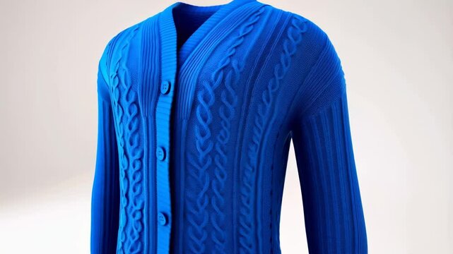 Blue cardigan sweater with cable knitting pattern.