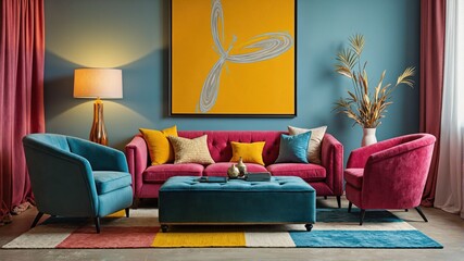 Vibrant Living Room with Colorful Furniture and Art