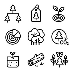 Forest Ecology Icons. Outline icon set of forest ecology studies: tree diagram, species ID tag,