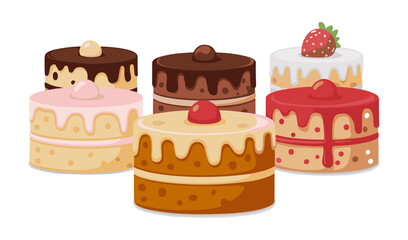 Delicious colorful cupcakes and a three-tier birthday cake with cherries and sprinkles, festive sweet desserts, party treats, colorful frosting, celebration food illustration set vector.