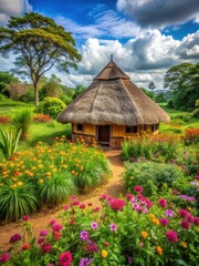A traditional African hut surrounded by lush greenery and vibrant wildflowers in a serene natural setting