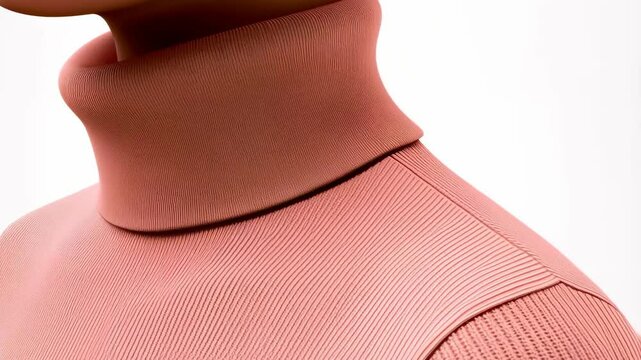 Model showcases pink turtle neck sweater.