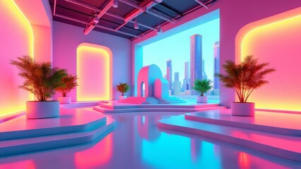 Neon virtual studio with futuristic skyline