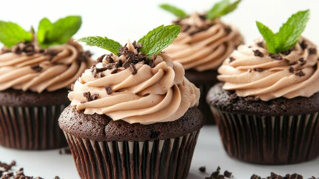 Decadent chocolate cupcakes with mint garnish in a whipped cream swirl closeup