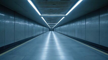 Fototapeta premium Futuristic Corridor with Blue Lighting and Symmetrical Design 