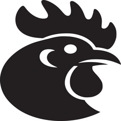 A stylized black and white depiction of a chicken head with a prominent comb and wattle design