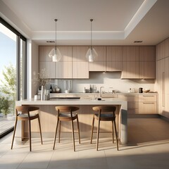 Modern minimalist kitchen interior with wood cabinetry, large windows, and natural lighting in serene neutral tones and clean architectural lines. 3D Rendering