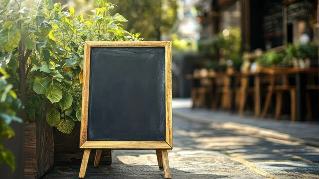 Chalkboard menu sign in front of restaurant cafe with outdoor seating area.