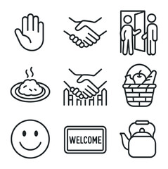Obraz premium Neighborly Icon Set. Outline icon set of friendly neighbor interactions: waving hand, handshake, door-to-door chat, shared meal