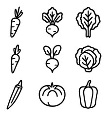 Heirloom Vegetables Icons. Outline icon set of heirloom vegetables: carrot, beet, kale, parsnip, radish, lettuce head, okra,