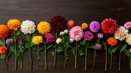 Fototapeta premium A colorful row of various fresh flowers arranged neatly on a dark wooden surface.