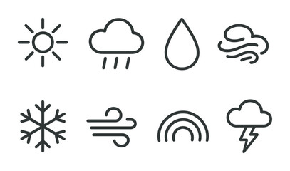 Weather icons set featuring sun, rain, snow, wind, and storm elements for design projects