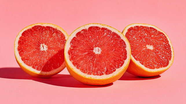 Three halves of red grapefruit on pastel pink background, juicy citrus fruit flatlay, bold contrast and vivid composition for food design or health advertising