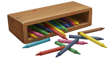 Open crayon box with vibrant colors scattered around, worn tips details, transparent background and soft shadow underneath.