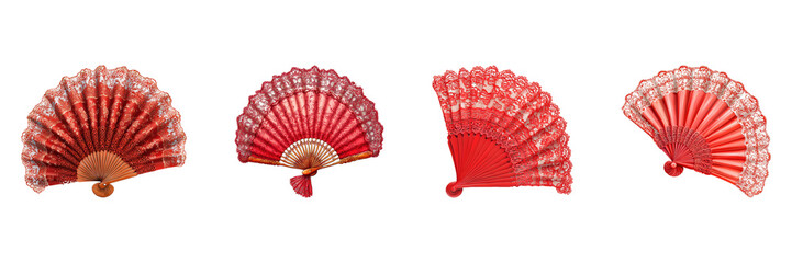Red Lace Hand Fans Collection. Elegant Decorative Accessories Set Isolated On Transparent Background