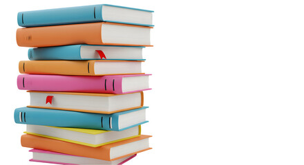 Stack of colorful textbooks of different sizes with a bookmark sticking out from the top