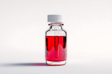 Clear glass bottle filled with red liquid and a white ribbed cap on a white background studio shot
