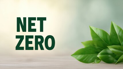 Net zero carbon neutral renewable energy background. Green Leaves with NET ZERO Text Concept for Sustainable Energy and Environmental Awareness