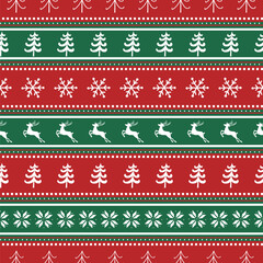 Striped Christmas Pattern with Deer, Fir Trees, Snowflakes. Seamless Print. Christmas Background with Winter Elements. Merry Christmas and Happy New Year Design. Vector illustration in Red Green White