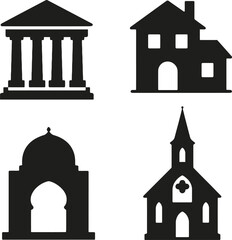 Church architecture icon set with silhouettes of temples cathedrals and historic buildings