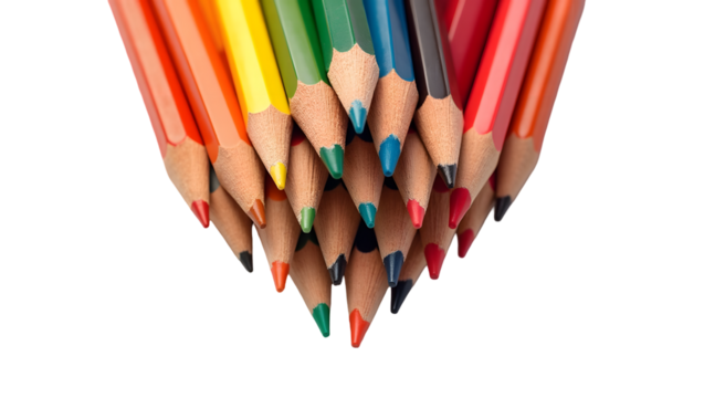 Open crayon box with vibrant colors scattered around, worn tips details, transparent background and soft shadow underneath.