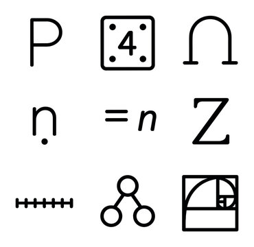 Number Theory Icons. Outline icon set of number theory concepts: prime p, composite number, gcd symbol, lcm symbol, modular