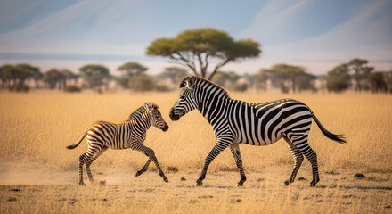 Obraz premium Zebra foal running beside its mother