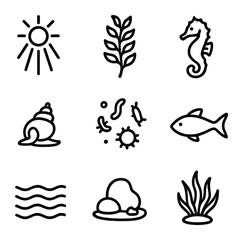 Kelp Forest Icons. Outline icon set of kelp forest under sunlight: sunbeam, giant kelp frond, seahorse, sea snail, drifting