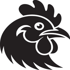 A stylized black and white illustration of a rooster head in profile on a white background