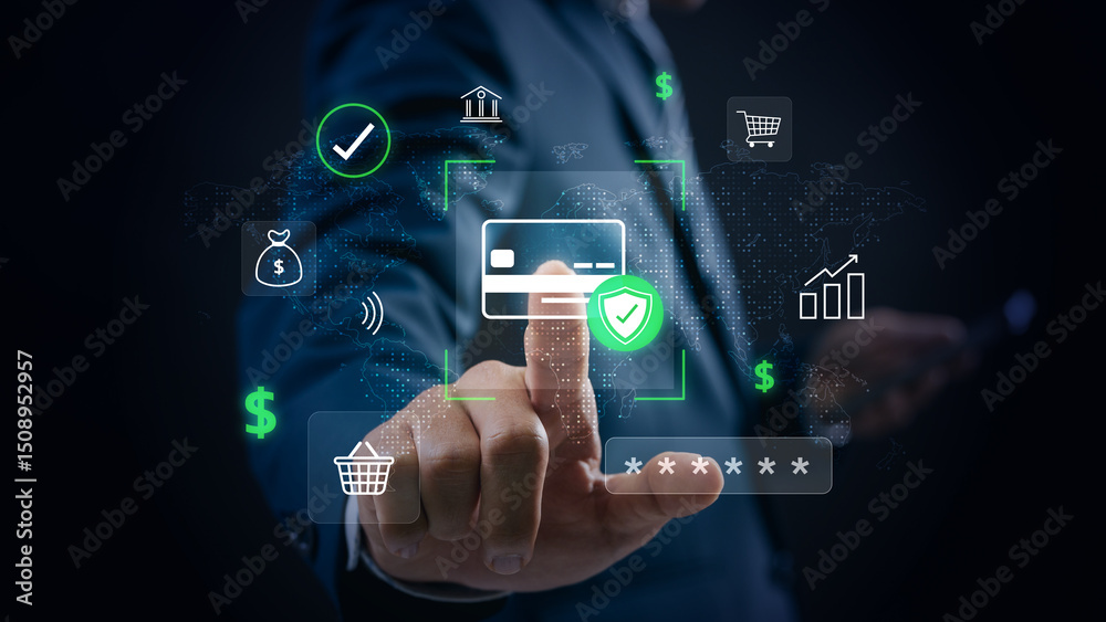 Poster secure online payment concept showing a businessman authenticating a digital credit card transaction