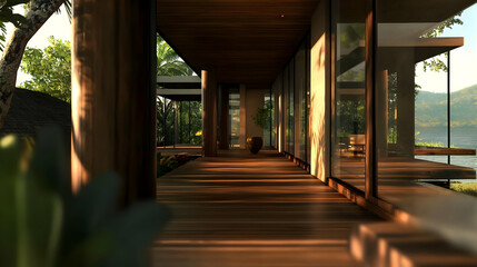 Wooden Corridor In Modern Tropical Home Exterior