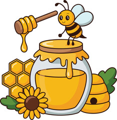 Cute cartoon bee with honey jar dripping honey, honeycomb, beehive, sunflower and honey dipper vector illustration, sweet natural honey, pollination and nature concept