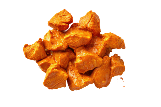 PNG Marinated chicken tikka chunks on black background