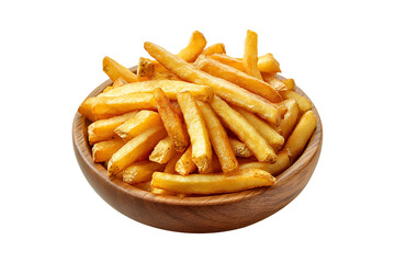 French fries on a wooden plate isolated on transparent background