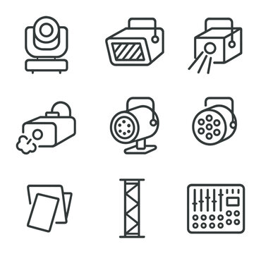 Lighting Icon Set. Outline icon set of lighting and effects: moving head light, strobe lamp, laser beam, fog machine, gobo
